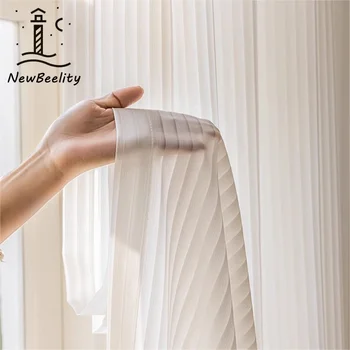 1PC Japanese Simple White Striped Tulle Window Chiffon Sheer Curtains for Living Room Bedroom Dining Luxury Decor Drapes 창문커텐 1