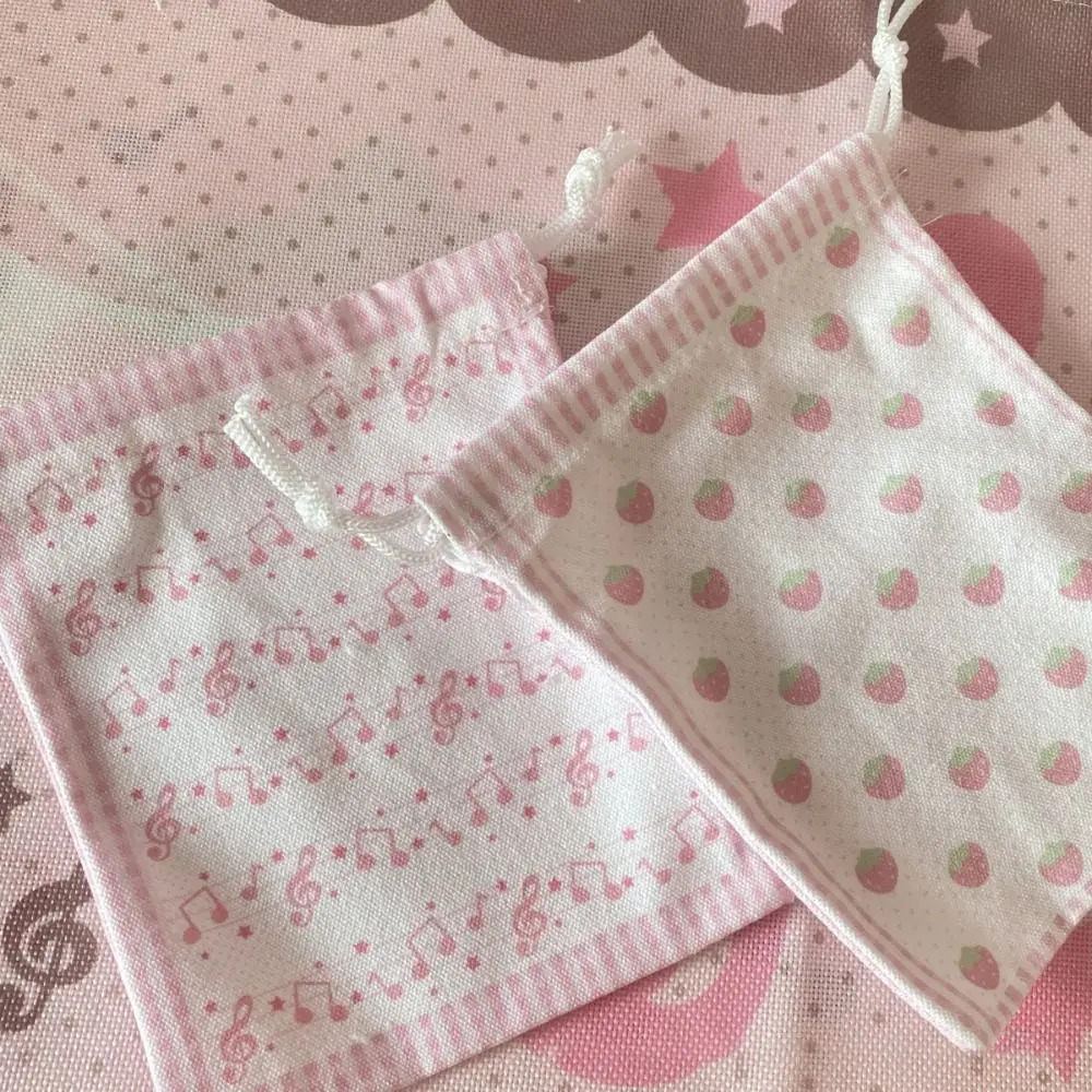 Canvas Strawberry Musical Note Drawstring Bag for Storage