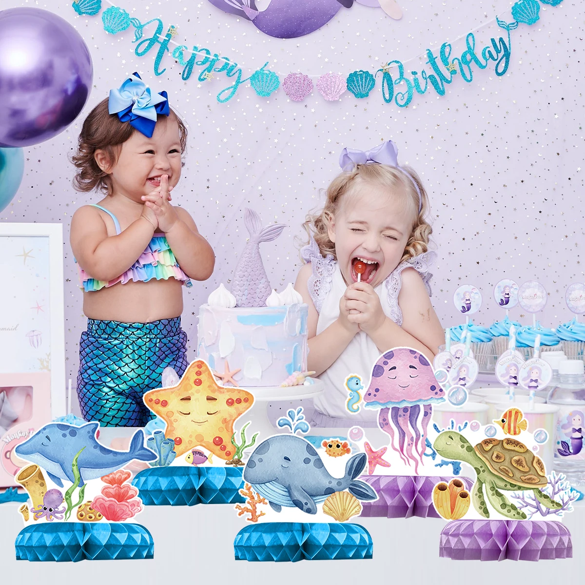 Kreatwow Mermaid Dive Into 5 Honeycomb Centerpieces - 8pc Under The Sea 5th Birthday Decorations - View #13