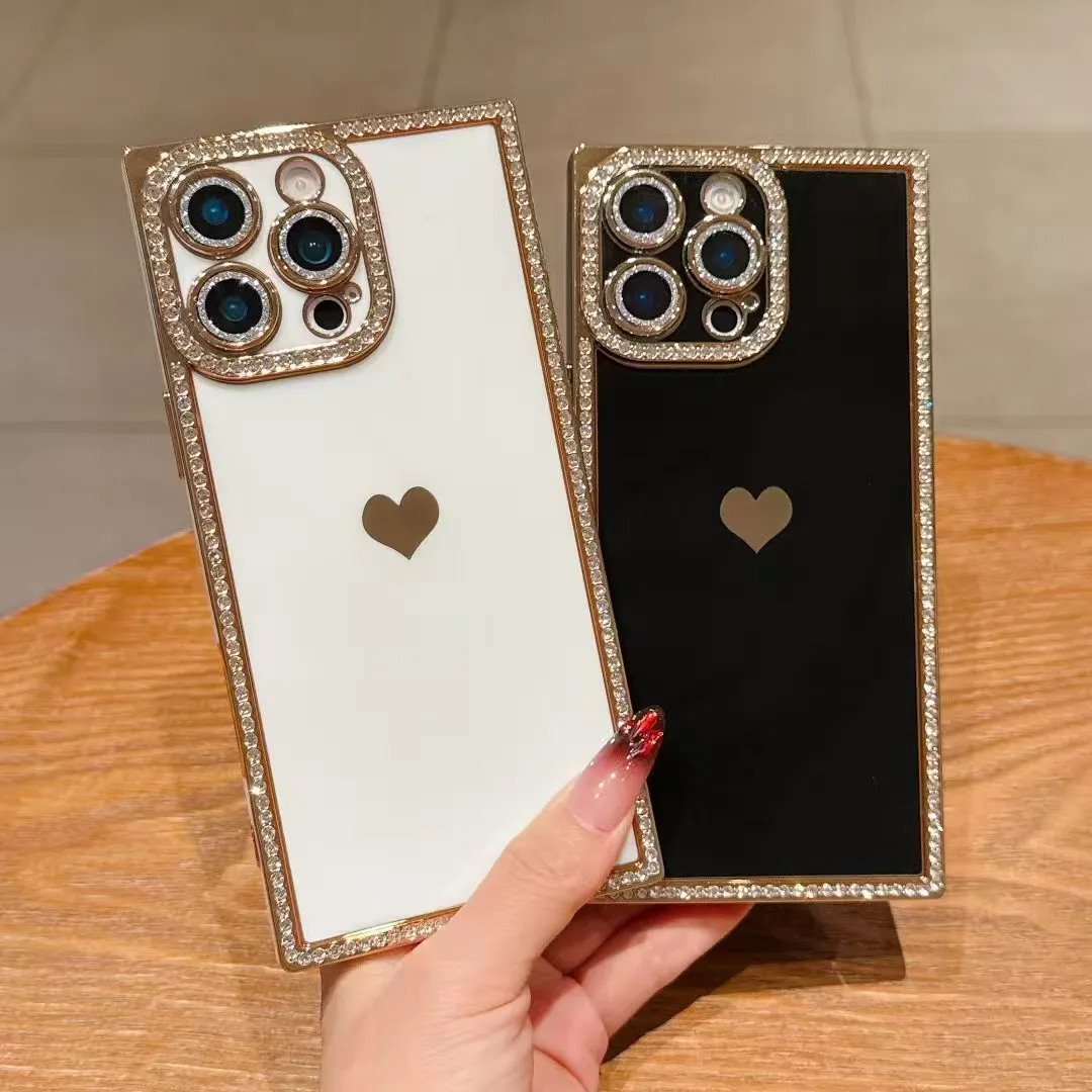 Luxury Diamond Glitter Love Heart Rhinestone Plating Shockproof Soft Phone Case
