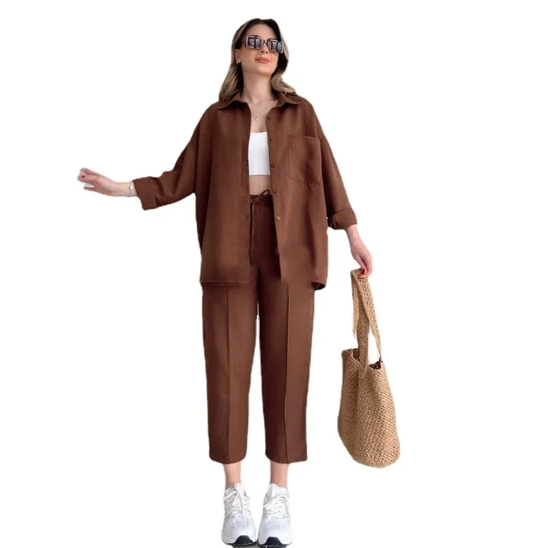 Oversized Women's Autumn and Winter Casual Loose Fitting Shirt Jacket Sports Harlan Pants Two Piece Set