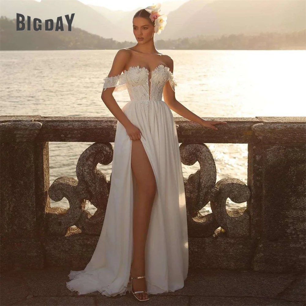 Elegant A-Line Wedding Dresses Lace Off Shoulder Sweetheart Split Bridal  Gowns | eBay