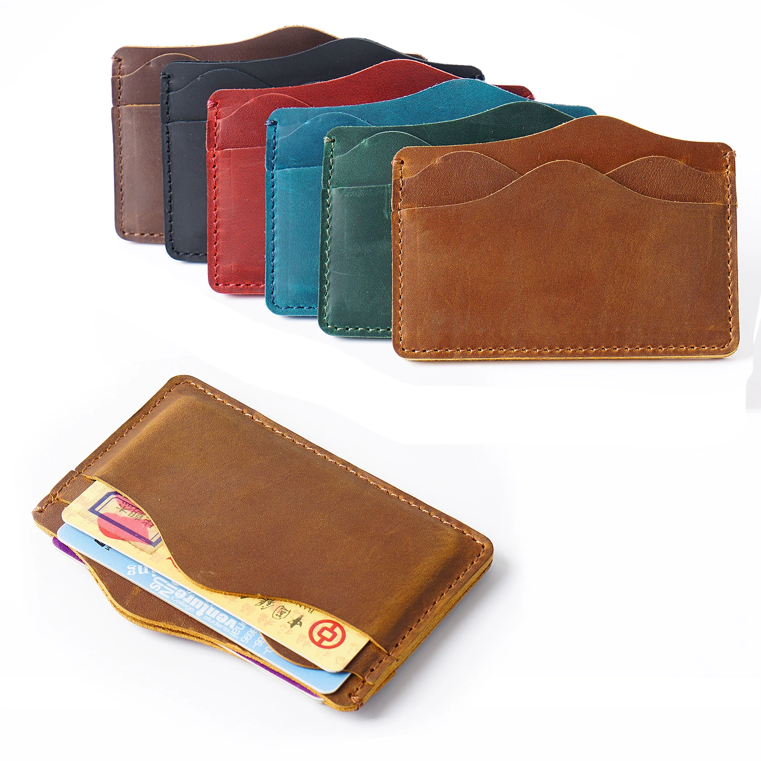 Artisan-Crafted Vintage Card Case: Top-Grain Leather Mountain Stream Design w/ Multi-Compartment Stitching