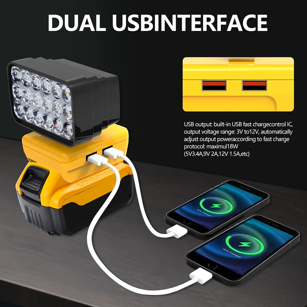 18 LED Car Work Lights Portable Lanterns Flashlights Electric Torch Spotlights Lamp For Dewalt 18V 20V 60V Li-ion Battery DCB200
