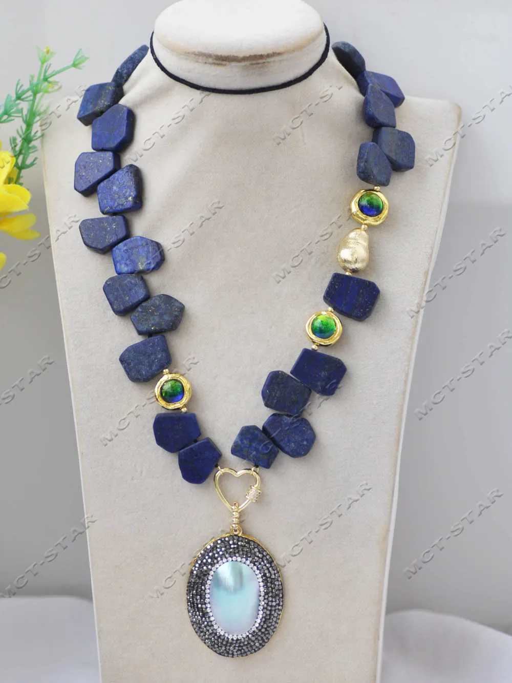 

Z13273 19" Blue Trapezium Lapis Lazuli Ancient Glass Necklace Mabe Pearl CZ Pendant Custom Jewelry