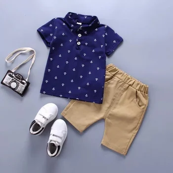 Toddler Baby Boys 2Pcs Summer Outfit Anchor Print Short Sleeve Polo Shirt Elastic Waist Khaki Casual Shorts Clothes Set 1