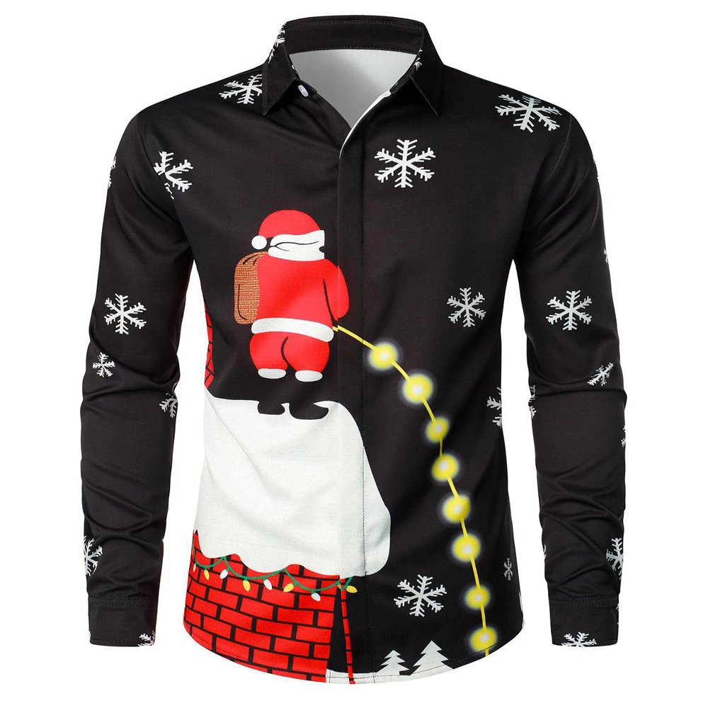 thumbnail image 1 of Camisas navideñas para hombre, camisas de manga larga con botones para fiesta de Papá Noel, camisas de calle para exteriores, camisa elástica de invierno con cuello vuelto, 1 of 5