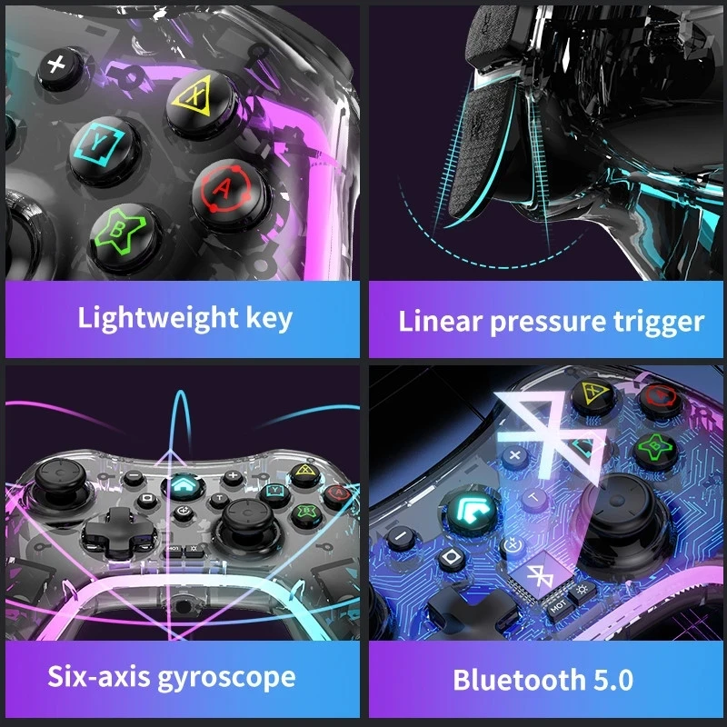 Wireless BT Transparant LED Luminous Gamepad for NS Switch Console Game Controller Joystick for Switch PS3 PS4 Android PC Device