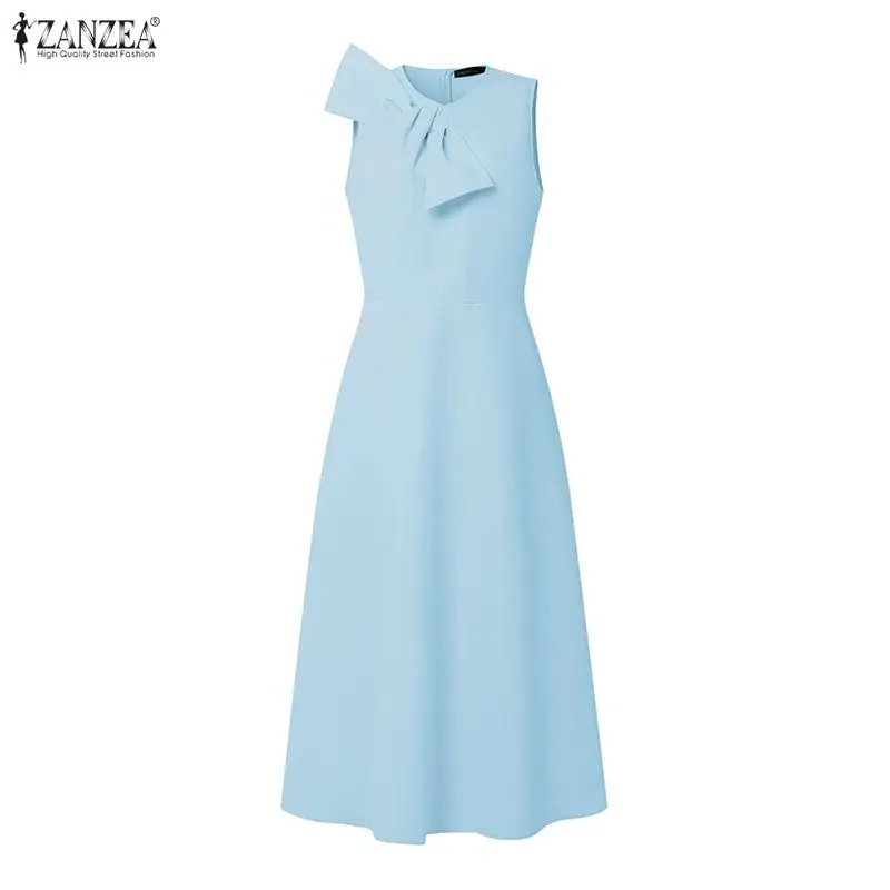 2026 Summer Sleeveless Bows Party Dress ZANZEA Elegant Women OL Work Midi Dresses Stylish Solid A Line Holiday Sundress Vestido 4