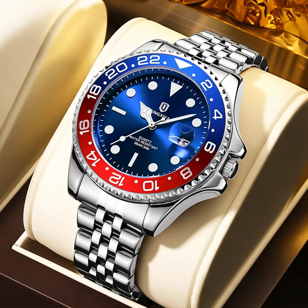 QINGXIYA Classic Red Blue Circle Fashion Series Quartz Watches Mens Stainless Steel Waterproof Luminous Date Luxury Men Watch