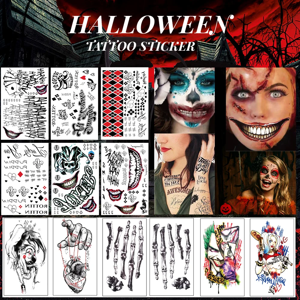 

Halloween Tattoo Stickers Waterproof Temporary DIY Stickers Cosplay Terror Skull Body Scar Tattoo Facial Makeup Party Decor