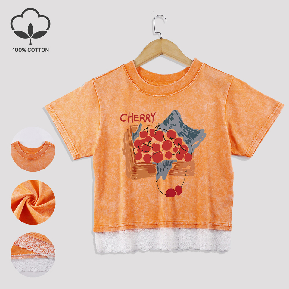 A Basket Of Cherries Printing Cotton Washed T-Shirts Fashion Summer Lace Hem Crop Tops Regular Fit O-Neck Tees Casual Clothes