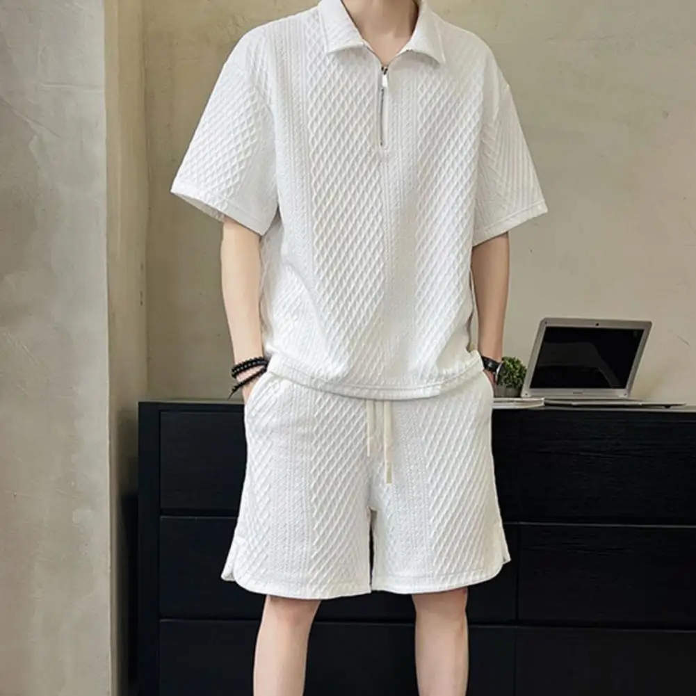 

Men Sports Suit Men's Casual Outfit Set Zipper Half Placket T-shirt Drawstring Wide Leg Shorts in Solid Color Waffle Texture Ice