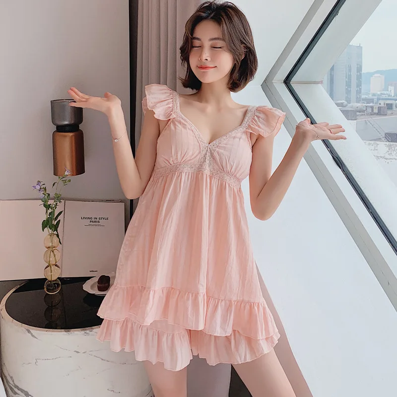 

Princess Suspender Shorts Suit Pajamas Set Summer Cute Court Style Sweet Korean Version Chest Pad Lace Outside Girls Home Wear
