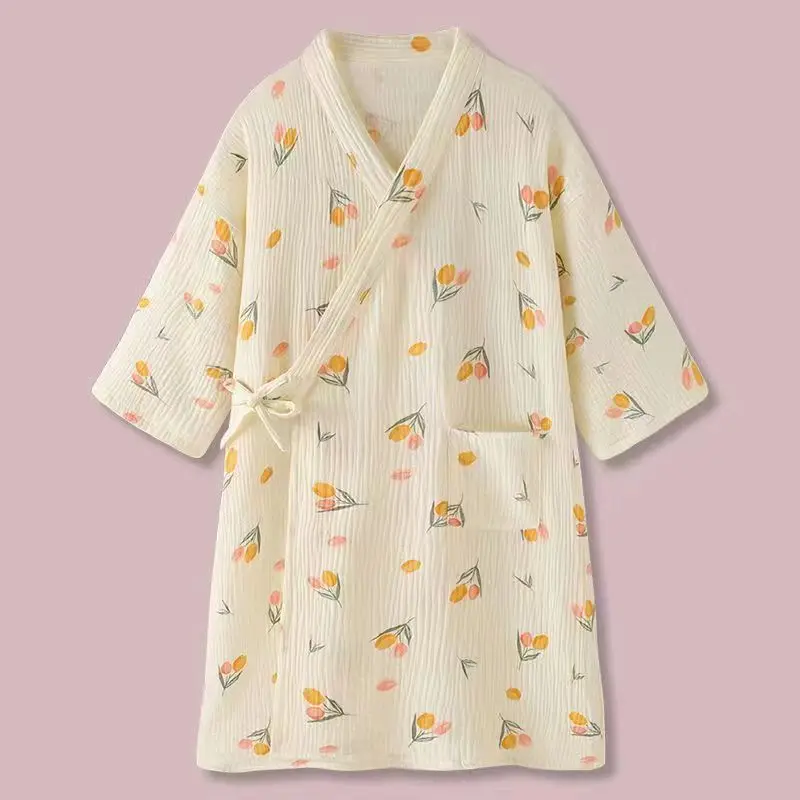 S-4XL Robes Women Loose Summer Home Breathable Printed Delicate Lovely Fashion Vintage Lace-up Sleepwear V-neck Soft Aesthetic