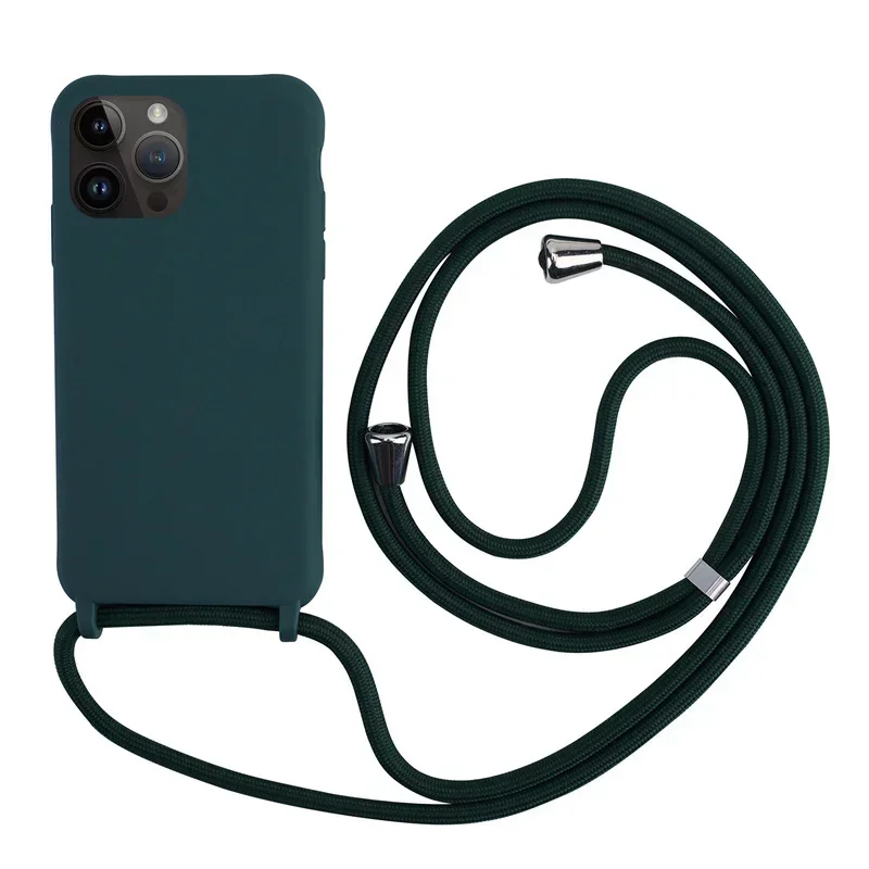 thumbnail image 1 of Funda de teléfono de silicona con correa cruzada y cordón para iPhone 16, 15, 14, 13, 12 Mini, 11 Pro Max Plus, carcasa trasera de TPU suave de color caramelo, 1 of 5