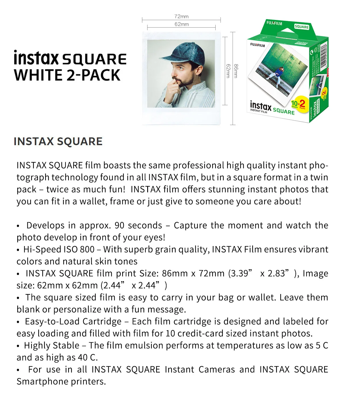 Description Picture 2 of itemGenuine Fujifilm Instax Square Instant White Edge Film Color Film For Fuji SQ10 SQ6 SQ1 SQ20 SP3 Hybrid Format Cameras