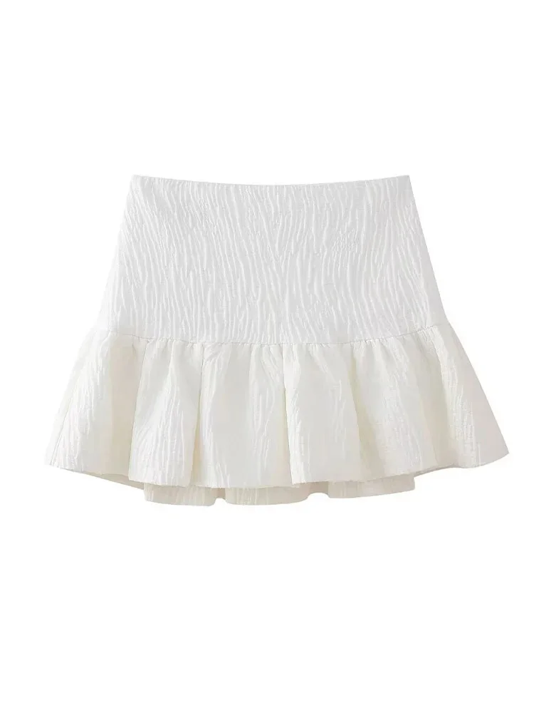 

HH TRAF Summer Elegant Pleated Mini Skirt for Woman Fashion White High Waist Folds Zipper Skirts Female Causal Skirt with Shorts