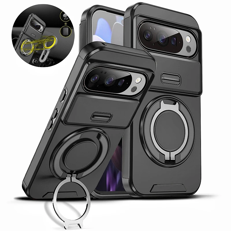 Enhanced Armor Protective Case with Magnetic Ring and Slide Lens Cover