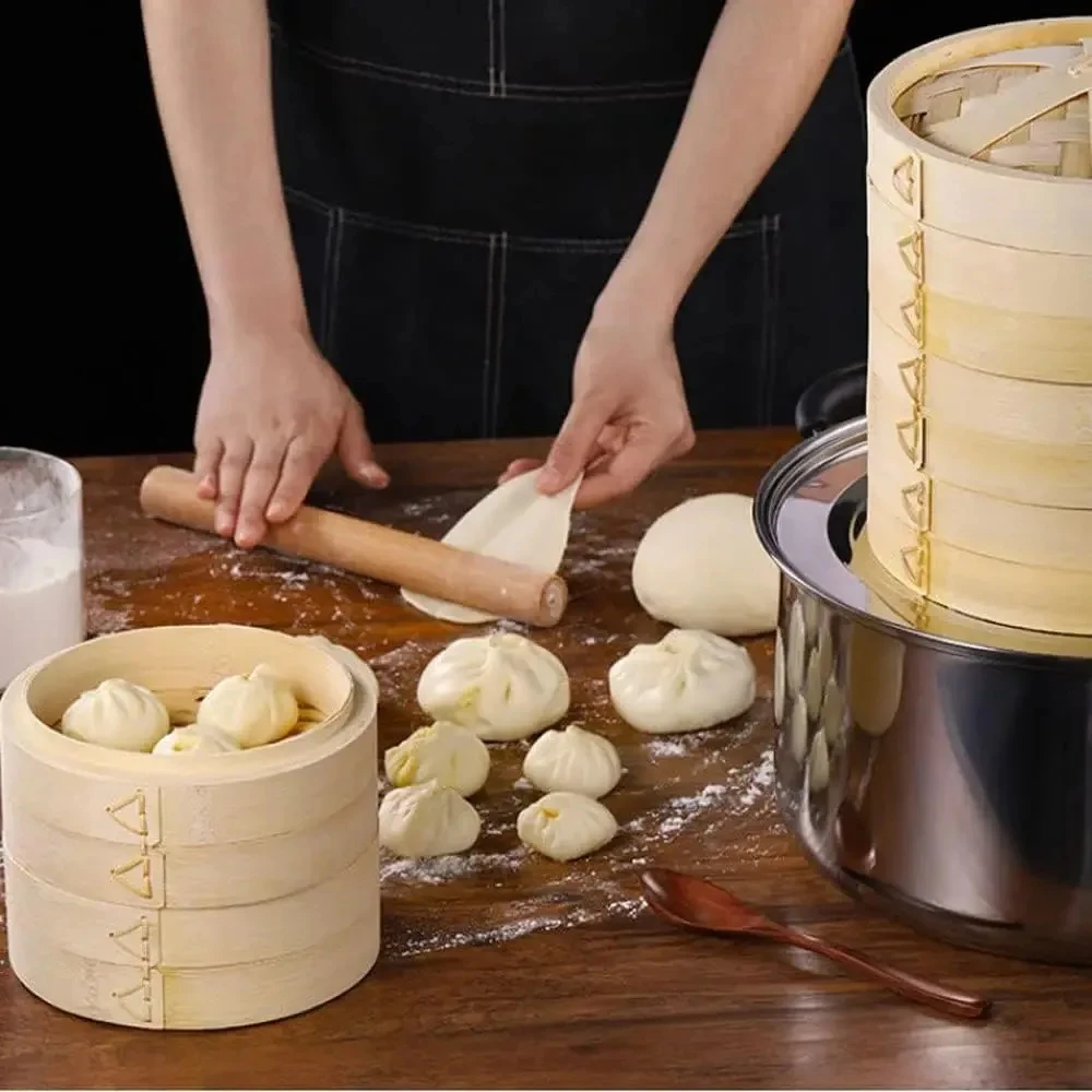 Two Layers Bamboo Fast Food Steamer With Cover Chinese Steamer Steamed Corn Coarse Grains Kitchen Supplies aesthetics steamer rack steamer basket bamboo steamer paper silicone steamer pad