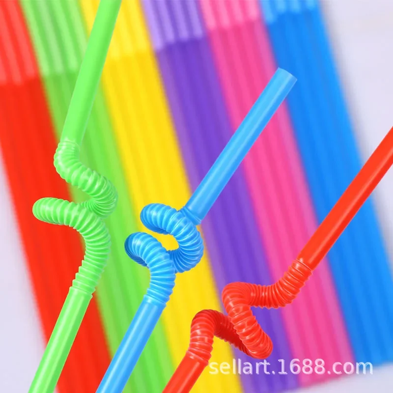 100Pcs Drinking Plastic Straws Colorful Art Long Flexible Wedding Party Supplies Plastic Drinking Straws Kitchen Accessories