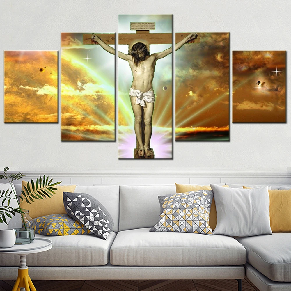 

5 Pieces Canvas Wall Arts Internal Home Decoration Jesus Christ On The Cross Wallpaper Artwork Living Room Poster Painting Mural