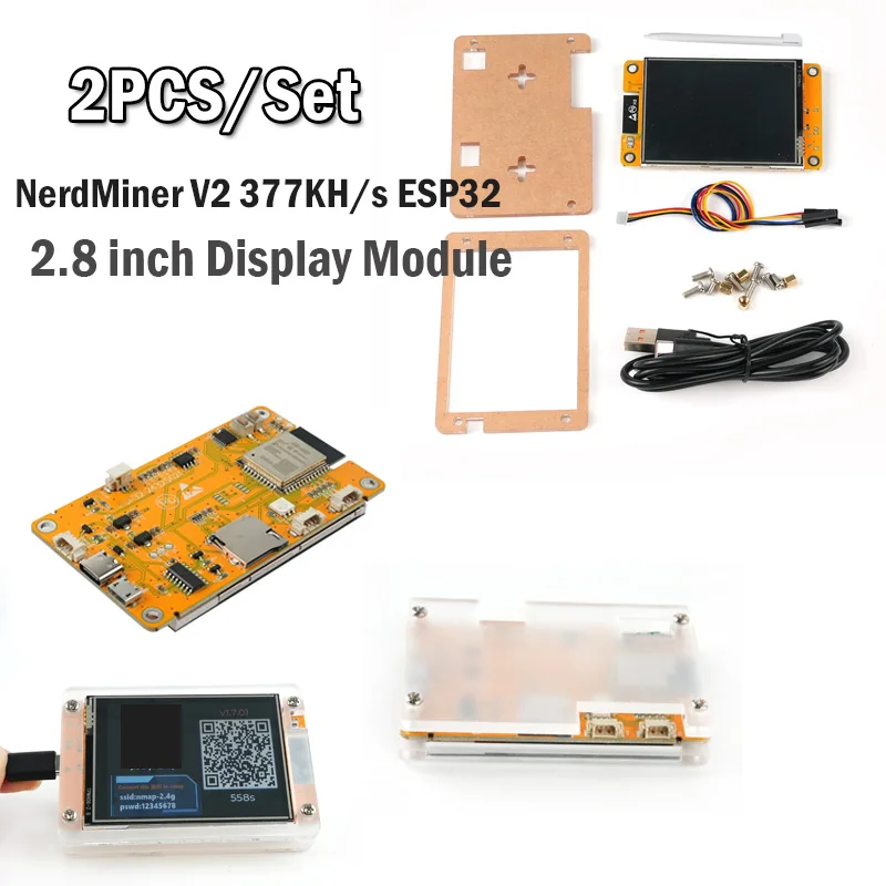 2PCS/세트 NerdMiner V2 377KH/s ESP32 개발 보드 모듈 드라이버 2.8인치 터치 스크린 디스플레이 + 아크릴 케이스 ESP32-2432S028R