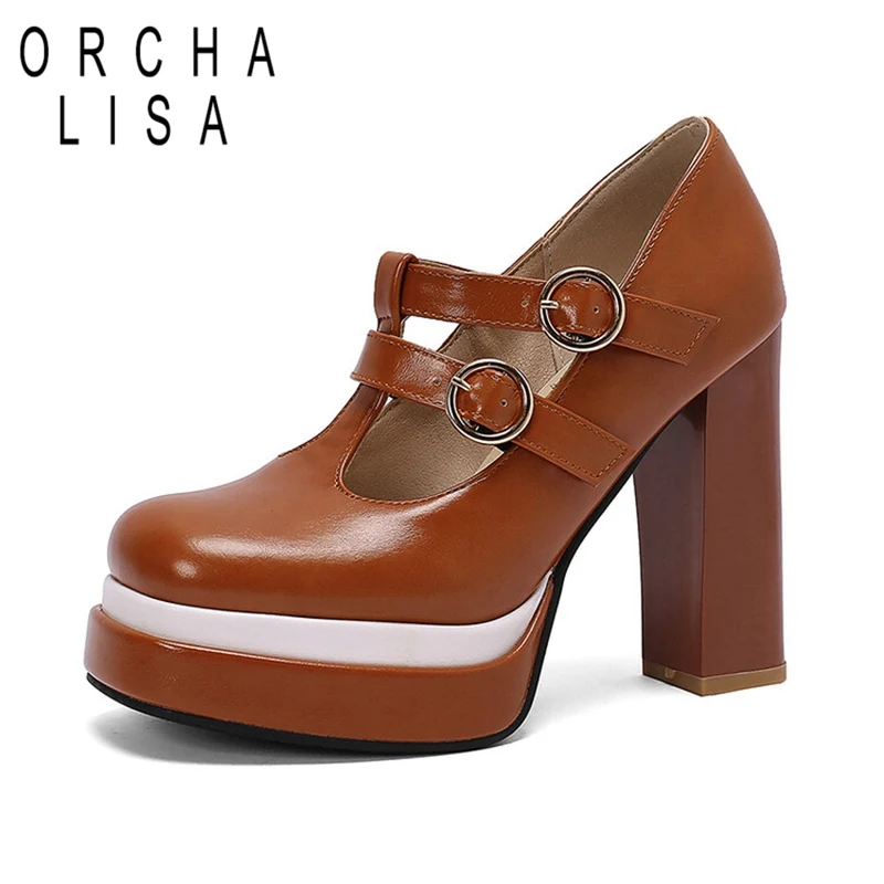 

ORCHA LISA 2024 New Mary Janes Women Pumps Shoes Round Toe 11.5cm Thick Heel 3cm Platform T Strap Buckles Big Size 41 43 White