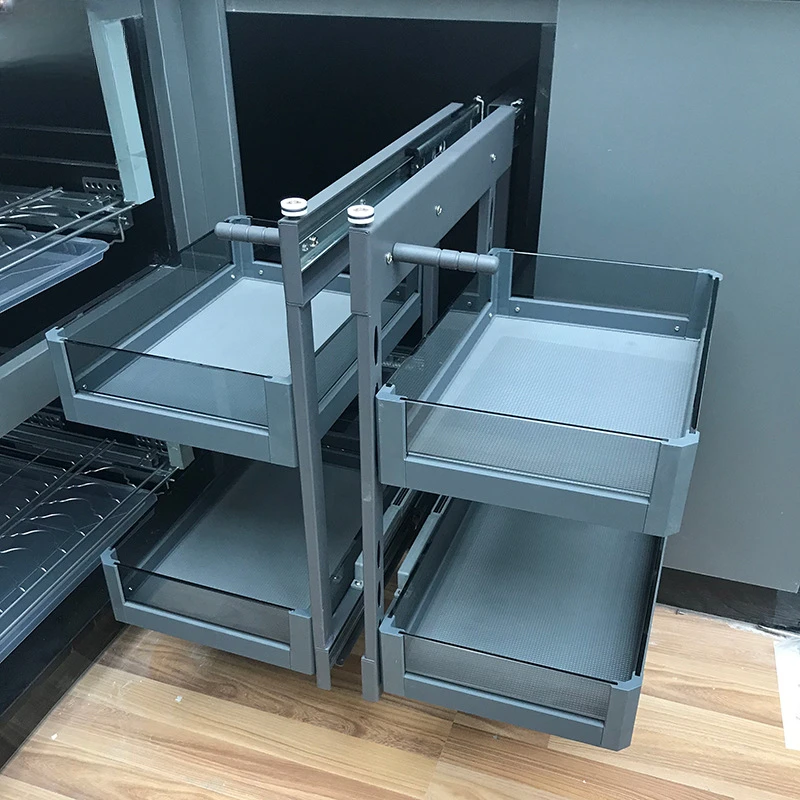 Cabinet corner pull basket all pull out little monster kitchen tempered glass seasoning basket dish drawer storage rack