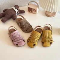 Sandales d'été en daim pour filles, à franges, élégantes, bout de couverture, diapositives pour enfants, loisirs, antidérapantes, boucle à crochet, pantoufles flexibles pour enfants 2