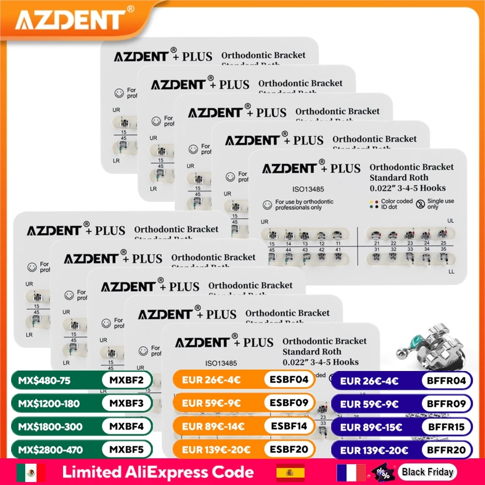 ชุดอุปกรณ์จัดฟัน AZDENT จำนวน 10 แพ็ค ประกอบด้วยเหล็กจัดฟันแบบตาข่ายขนาดเล็กมาตรฐาน Roth/MBT ขนาด 0.022/0.018 พร้อมตะขอเบอร์ 3-4-5 จำนวน 20 ชิ้น/แพ็ค 1