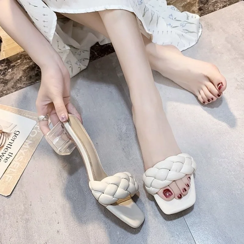 Plus Size Summer Slipper Women Twist Woven Slippers Women's Thick Heel Crystal Heel Fashion High Heels Sexy Woman Shoes 2022