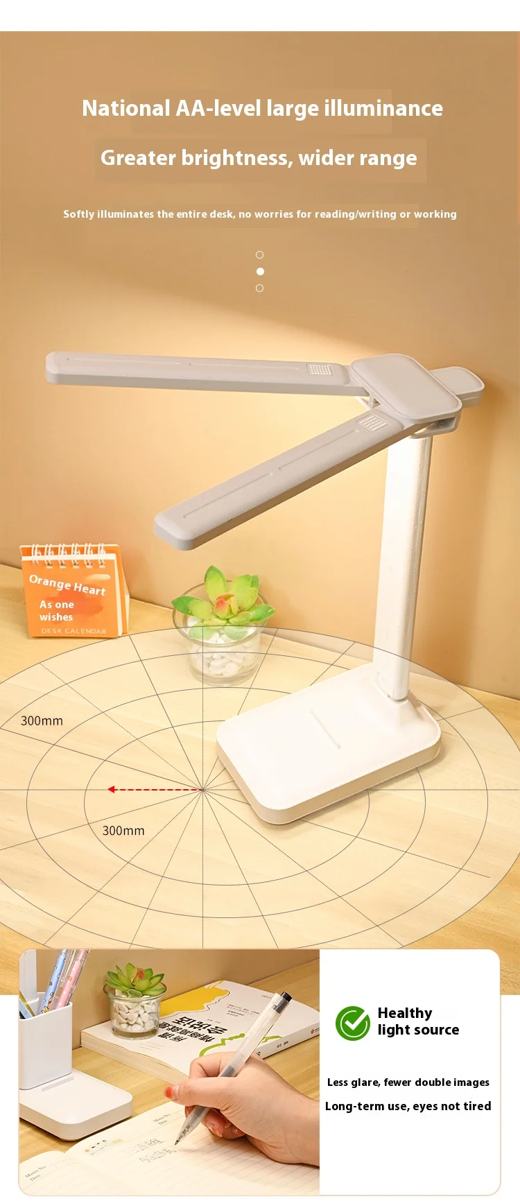 LED double-head desk lamp, 3-level dimmable touch night light, USB rechargeable, eye-protection, foldable bedside reading desk