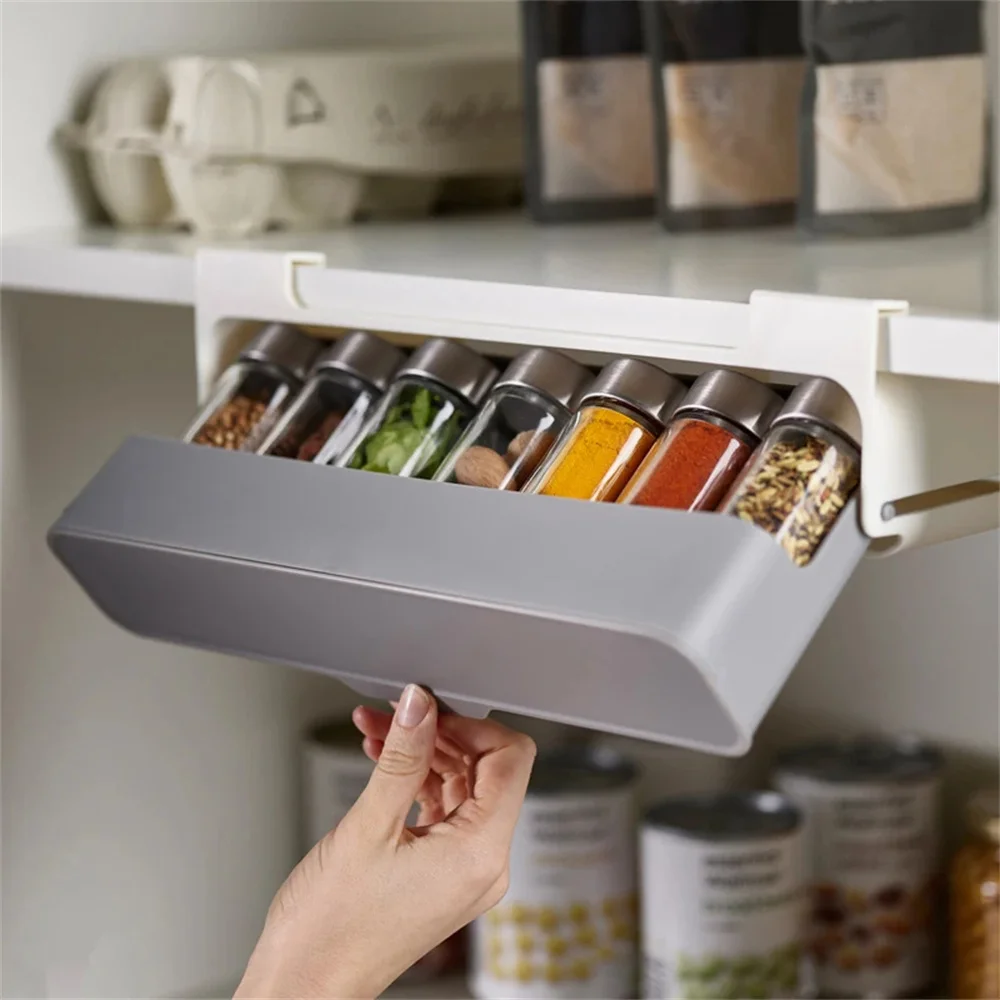 Seasoning Bottle Self-Adhesive Wall-Mounted Under-Shelf Spice Organizer Kitchen Storage Rack seasoning bottle organizer