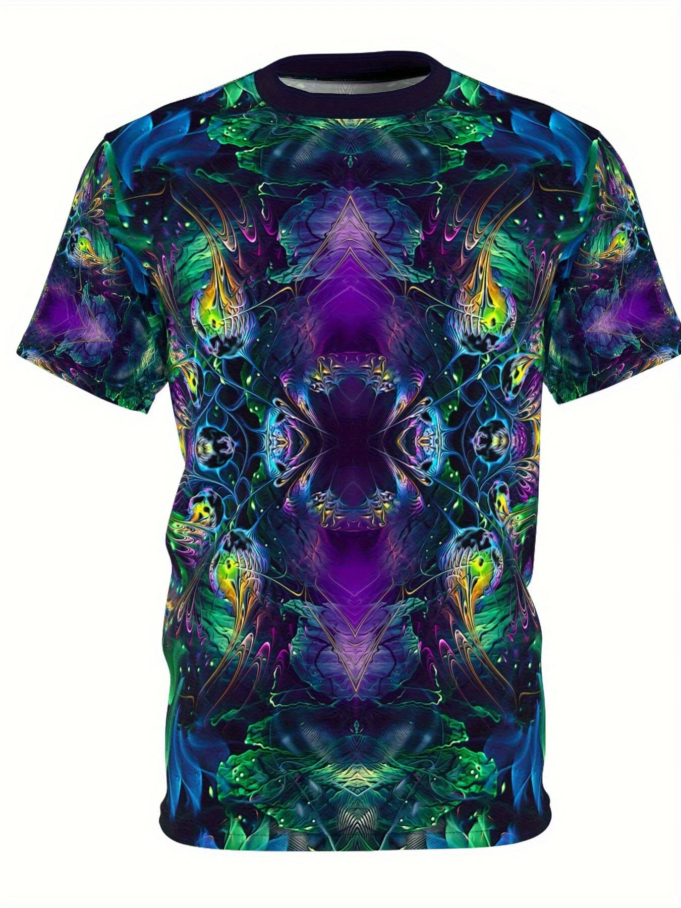 Herren-T-Shirt mit Rundhalsausschnitt und kurzen Ärmeln, 3D-Druck, lila, grün, Pfauenfeder, symmetrischer psychedelischer geometrischer Druck, neuartige Freizeitoberteile