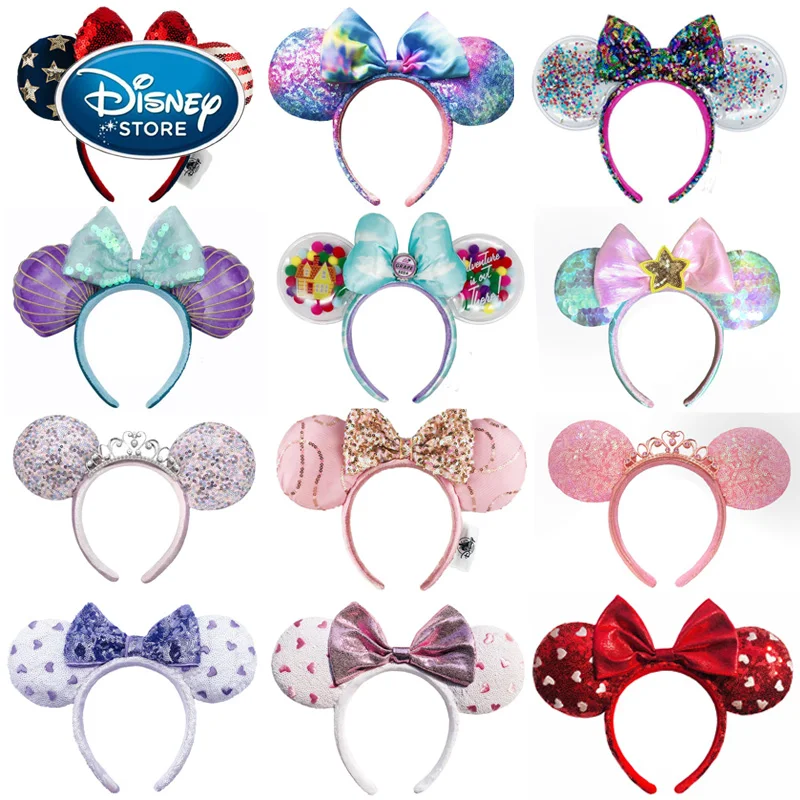 

New Original Disney Mickey Ears Headband Shanghai Disneyland Minnie Leather Headband Hairband Sequin Bow Party Hair Accessories