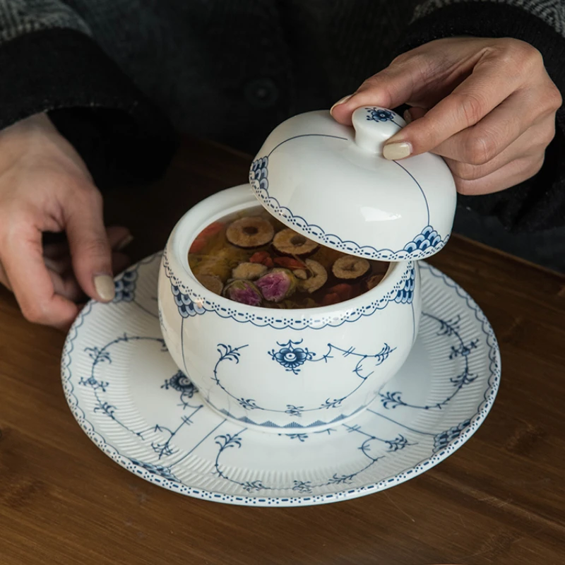 Creative Senior Stewing Cup Household Ceramic Underglaze Color Dim Sum Plate with Cover Small Soup Pot Kitchen Tableware