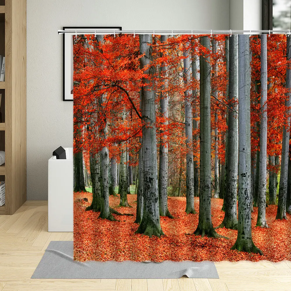 

Fall Forest Trees Shower Curtain Fallen Leaves Natural Scenery Landscape Bathroom Home Waterproof With Hook Washable Fabric