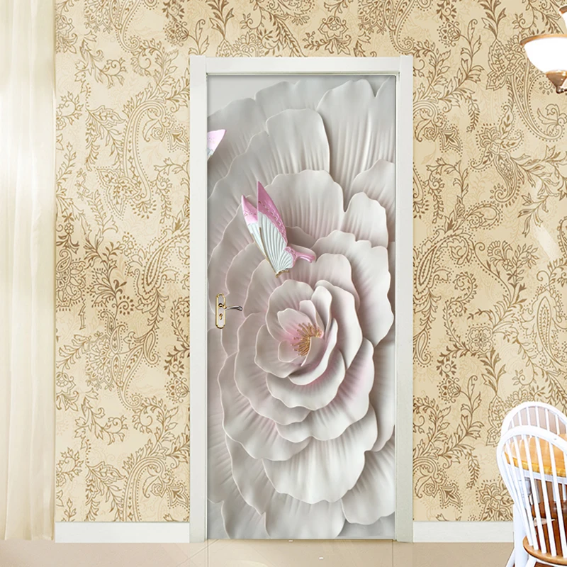 Modern 3D Relief Flower Butterfly Door Sticker PVC Self-Adhesive Waterproof Decal Mural Living Room Bedroom Door Decor Wallpaper