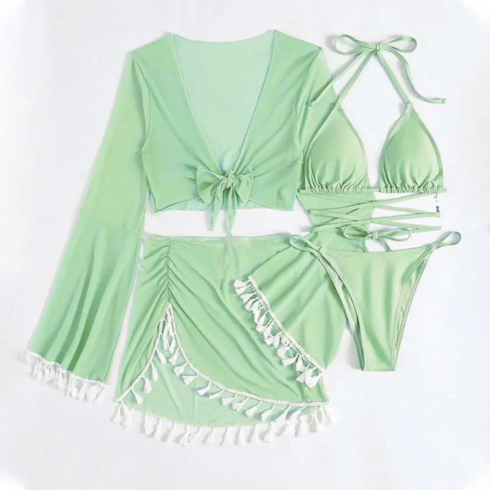 

4 шт., Женский комплект бикини с расклешенными рукавами и лямкой на шее