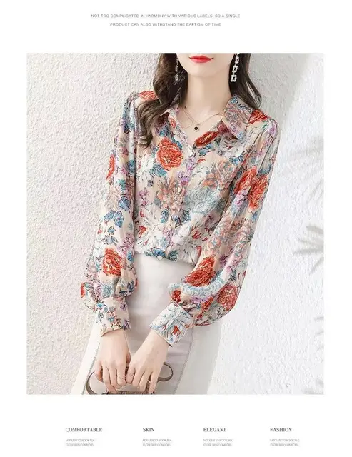 Chemise Jabot T-shirt Femme Élégant à Manches 3/4 Imprimé Fleuri