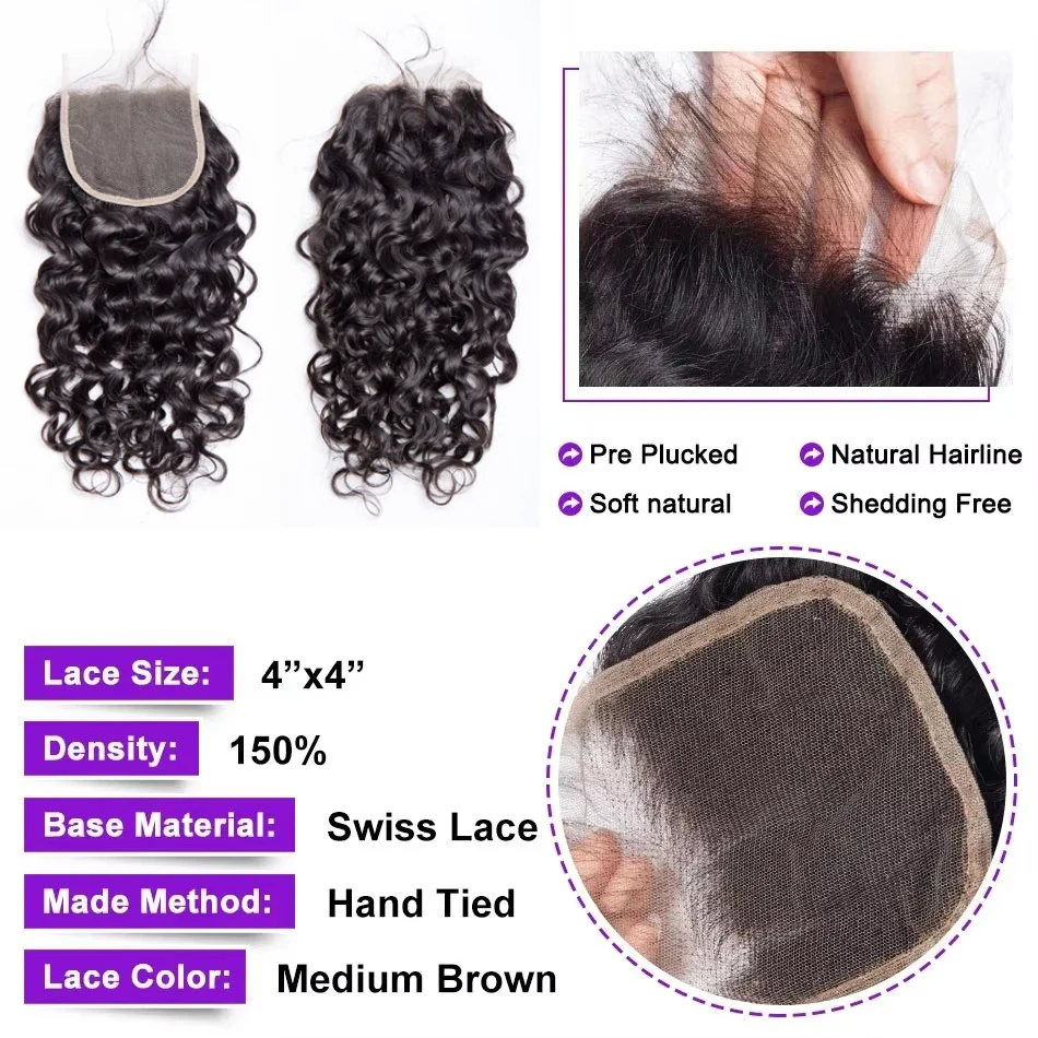 Water Wave Bundles With Lace Closure 12A 3/4Pcs Human Remy Hair Bundle 4x4 Transparent Lace Closure Bundles Natural Color 1B human hair bundles