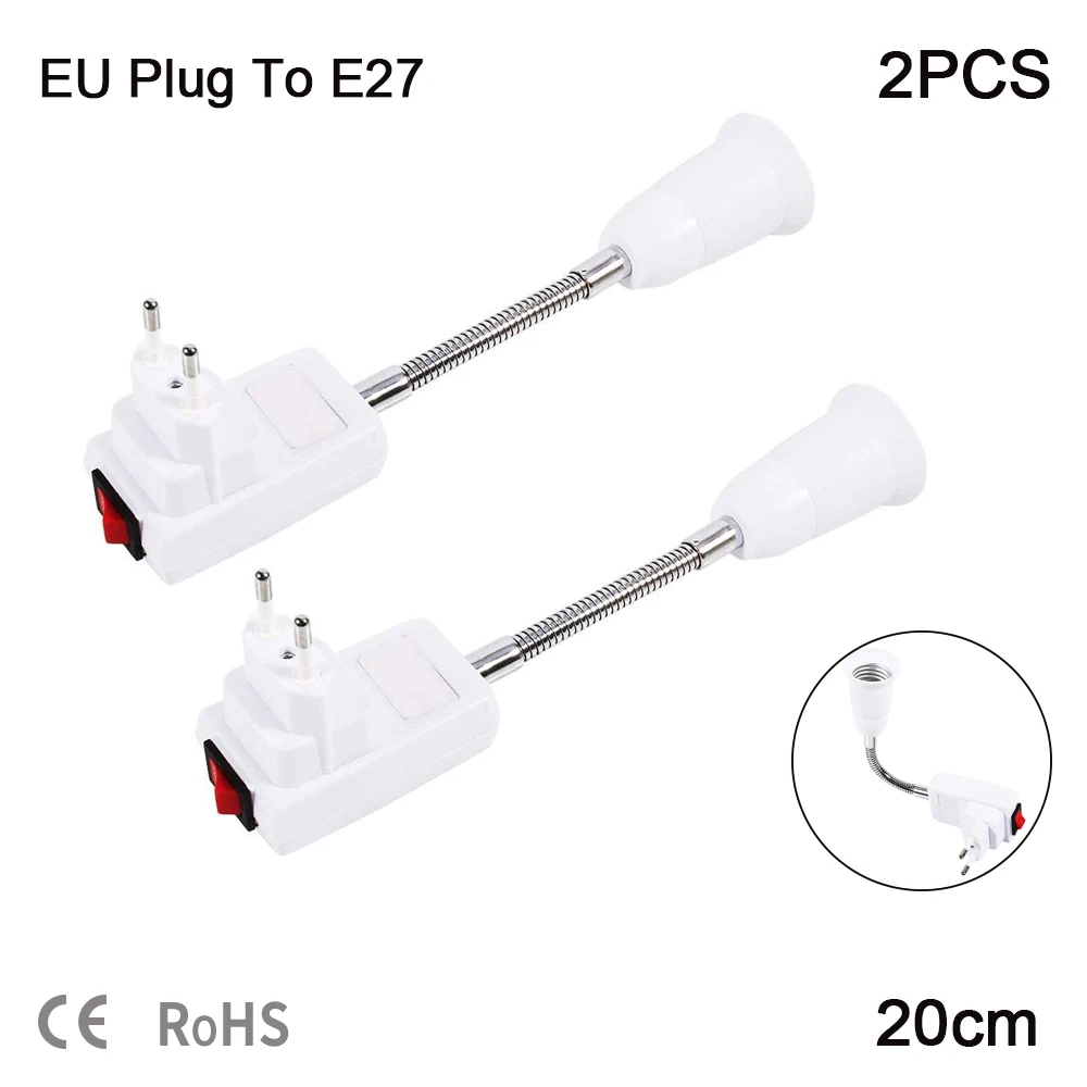 2PCS E27 Socket Adapter with Switch EU Plug 20CM Flexible Light Bulb Lamp Holder Extension Adapter Converter Screw Socket