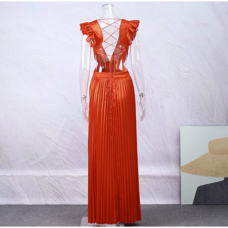 Women Solid Backless Elegant Long Dresses V-neck Pleated A-line Sexy Frock 2023 Spring Summer Evening Party Casual Style Dress