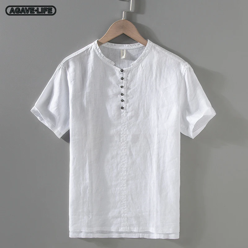 

Summer Men Stand Collar Linen Shirts Youth Men Art Short Sleeve Loose Shirt Thin Men Breathable Linen Half Sleeve Pullover Shirt