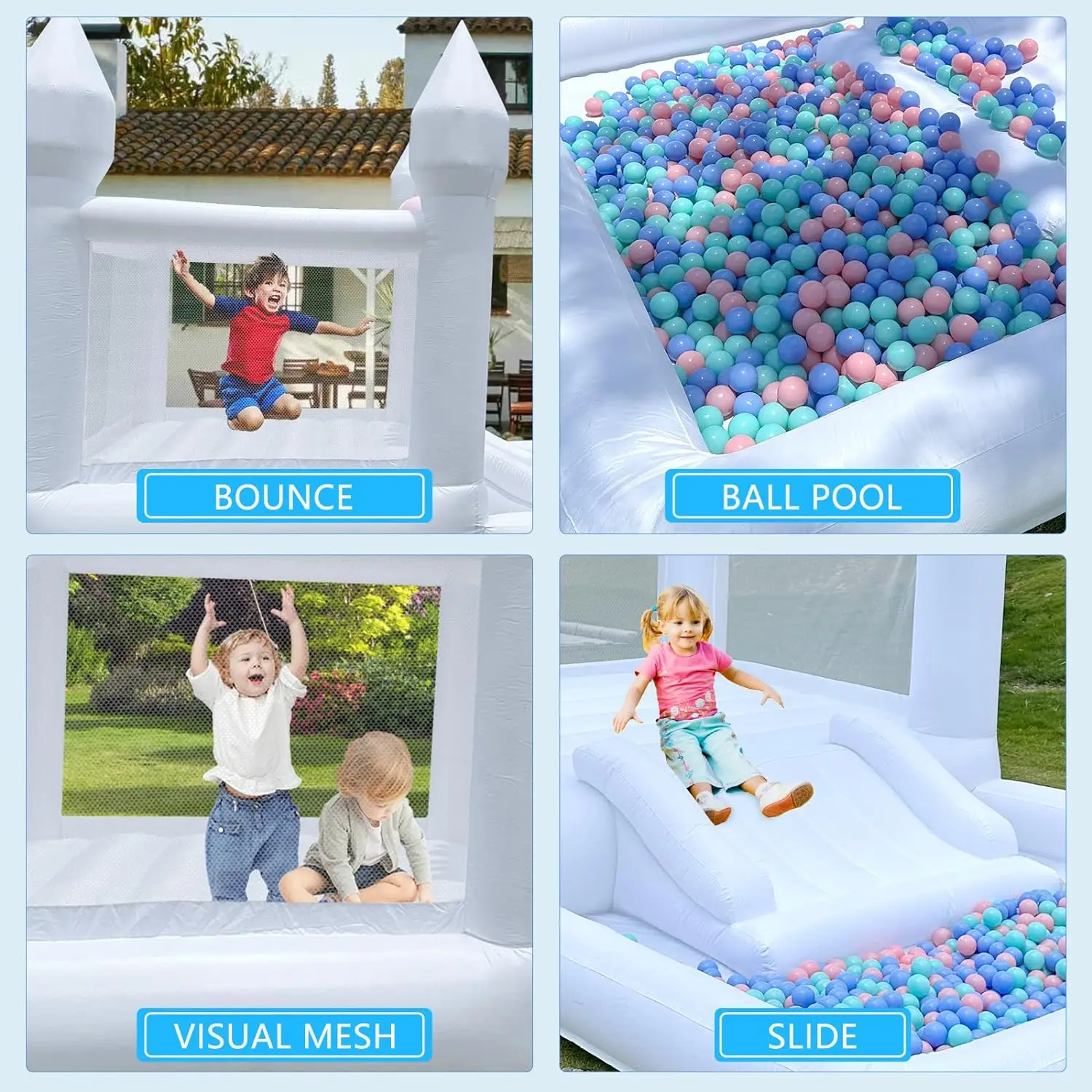 Kids 9x9x7ft Soft Play White Bounce House With Slide Ball Pit Party Customization Inflatable Mini Bouncy Castle With Blower 6