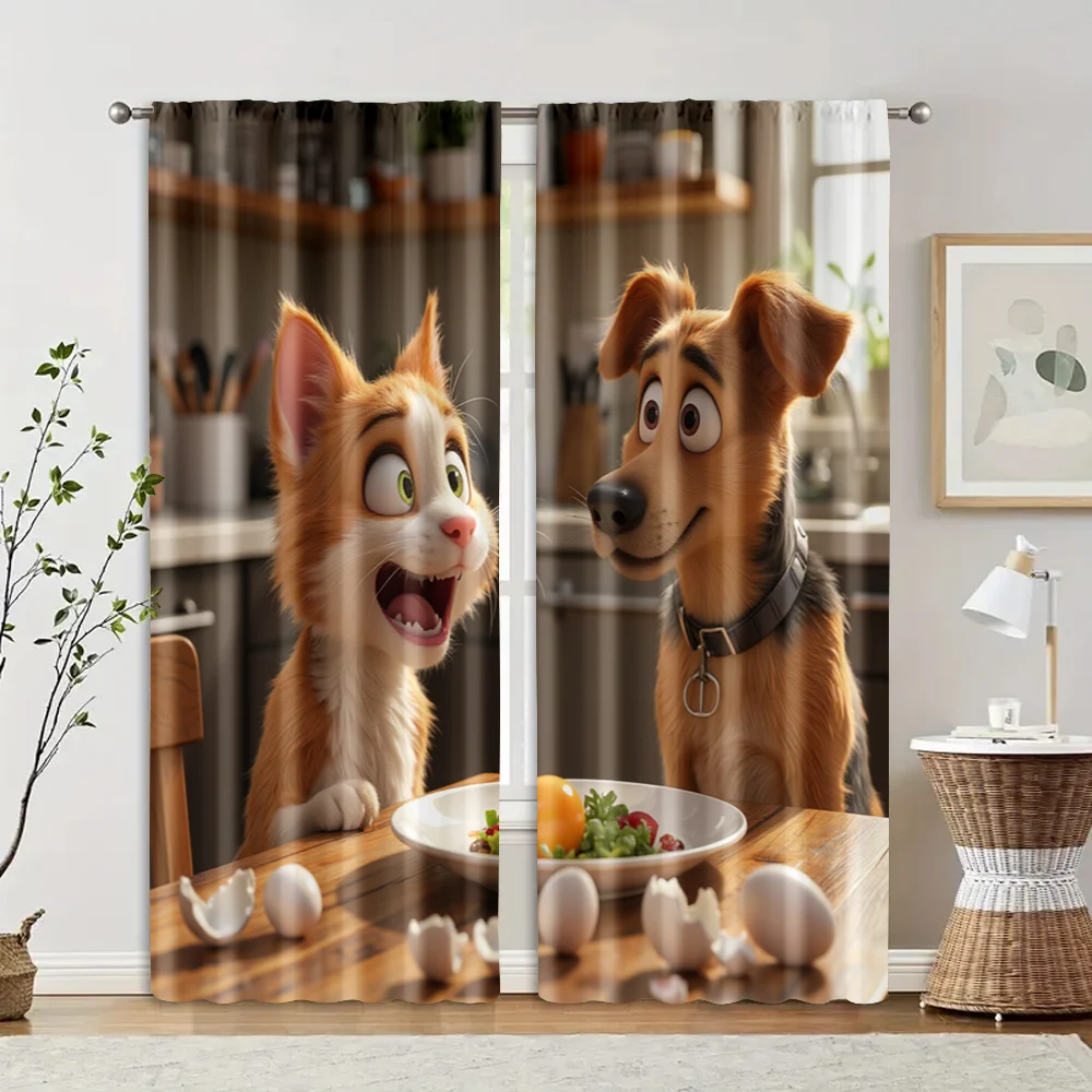 2pcs, Contemporary Curtains 2D print Surprised Dog & Cat with Eggs Machine Washable Polyester (without rod) Home Decor Use for 2