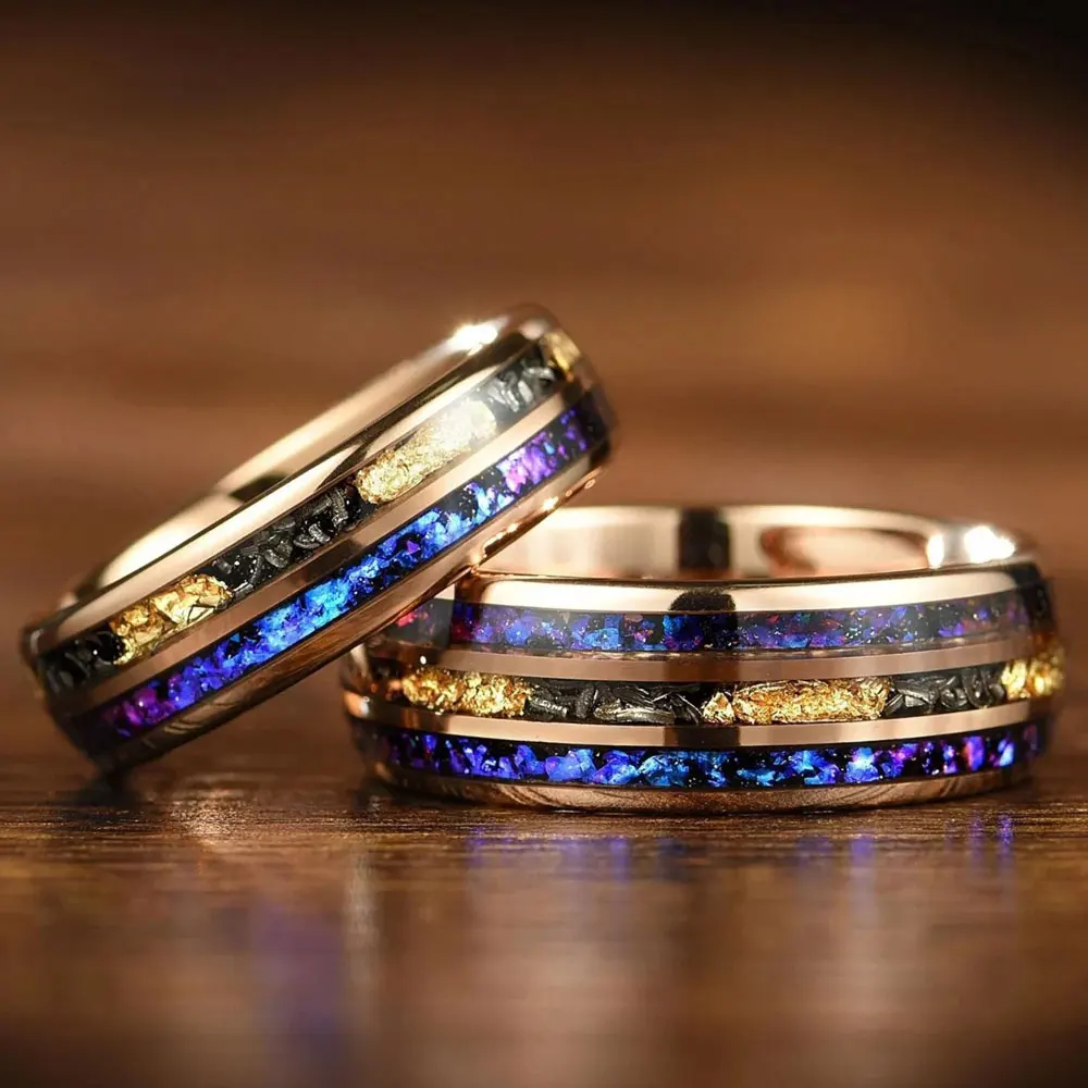 1pc 8mm Men's Tungsten Galaxy Ring Inlaid Meteorite Sandstone