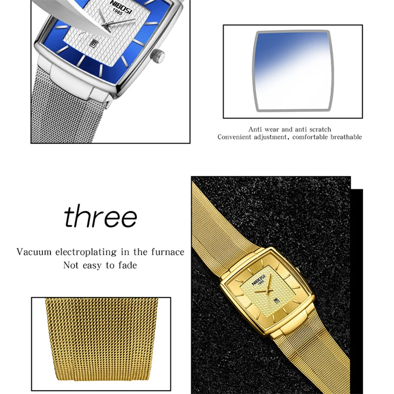 NIBOSI Fashion Blue Square Quartz Watch Men Stainless Steel Waterproof Calendar Mens Watches Top Brand Luxury Relogio Masculino