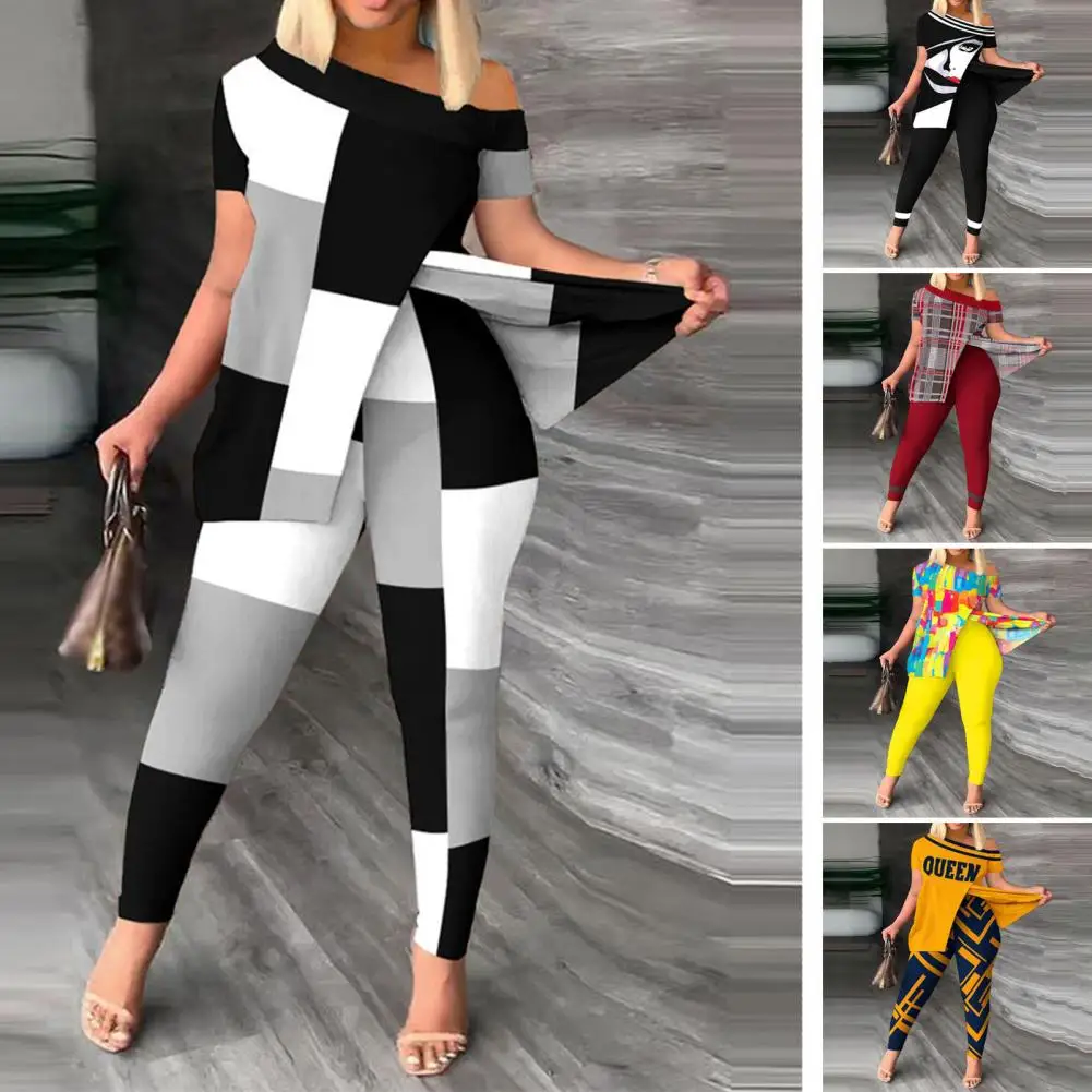 

2Pcs/Set Women Outfit Skew Collar Casual Outfit Fashion Printing Patchwork Top Leggings Set